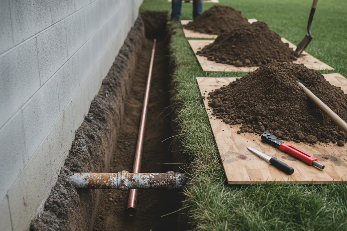 Excavated water line trench during Water Heater Repair in Albany
